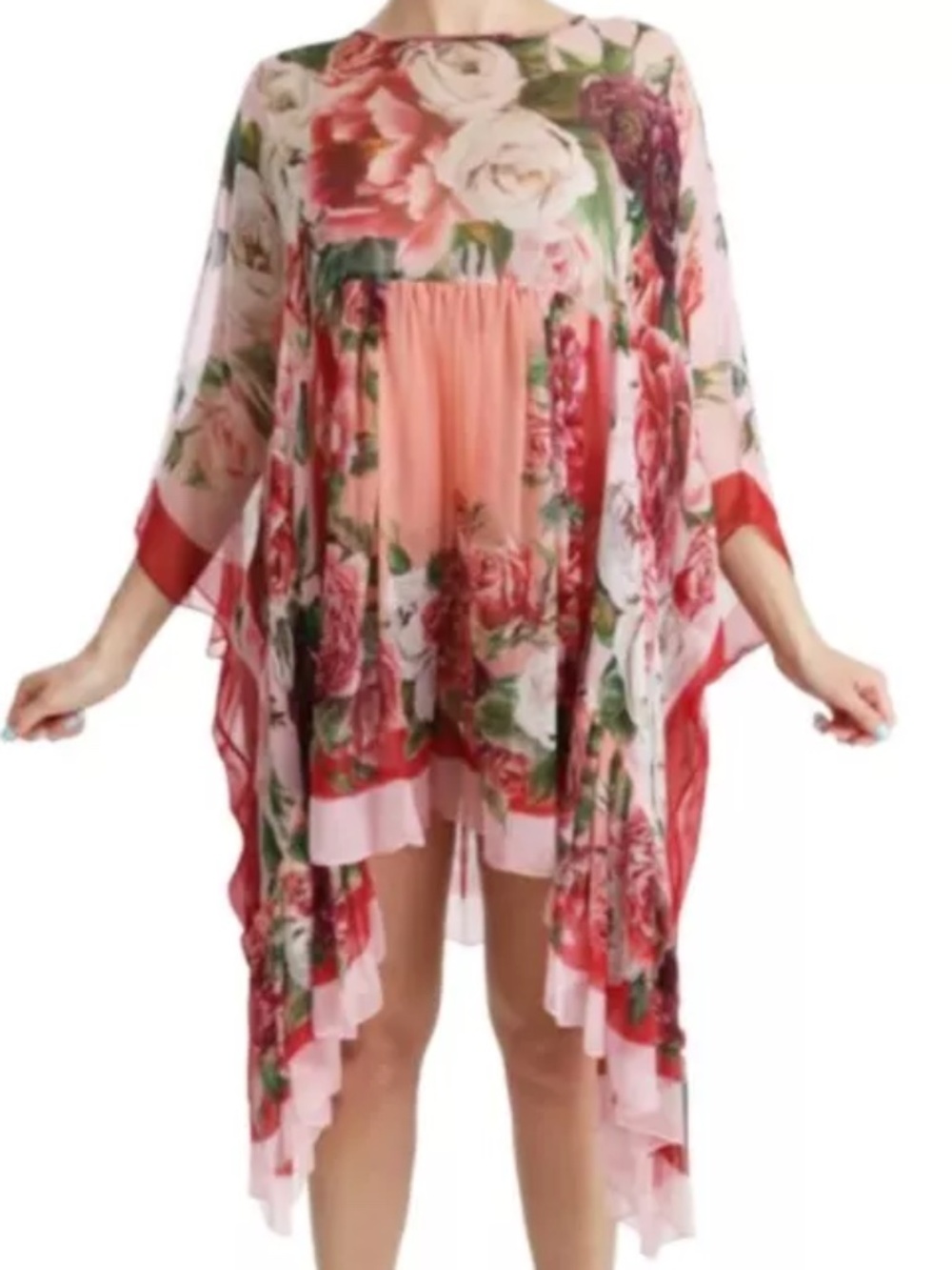 DOLCE & GABBANA Dress Pink Floral Rose Midi Silk Flared Tunic Top 38IT UK6 XS